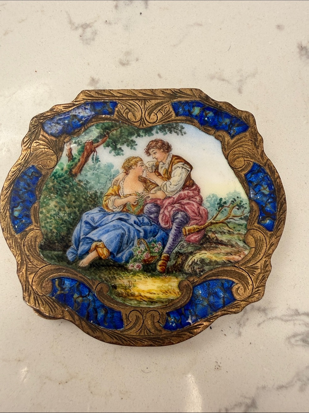 Vintage Romantic Scene Decorative Compact with Blue Enamel